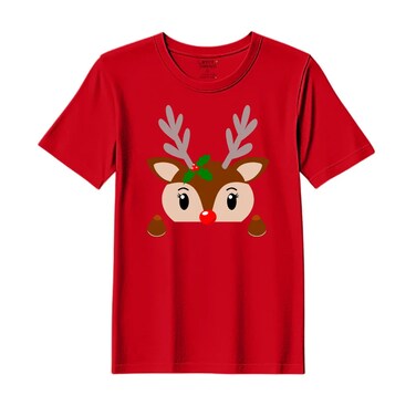 BYFT Threads Large Red Polycotton T-Shirt - Christmas "Christmas Deer Face" Printed Design, Premium Holiday Collection