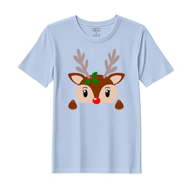 BYFT Threads XXL Sky Blue Polycotton T-Shirt - Christmas "Christmas Deer Face" Printed Design, Premium Holiday Collection
