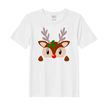 BYFT Threads Medium White Polycotton T-Shirt - Christmas "Christmas Deer Face" Printed Design, Premium Holiday Collection