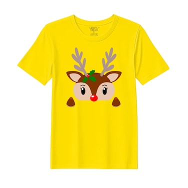 BYFT Threads Large Yellow Polycotton T-Shirt - Christmas "Christmas Deer Face" Printed Design, Premium Holiday Collection