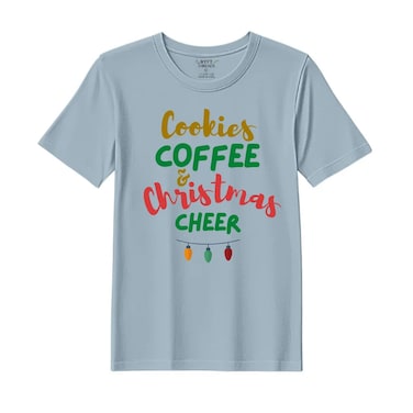 BYFT Threads Medium Baby Blue Polycotton T-Shirt - Christmas "Cookies Christmas Cheer" Printed Design, Premium Holiday Collection