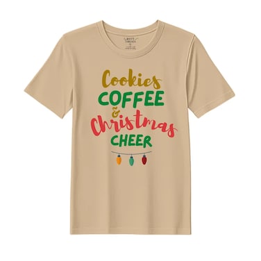 BYFT Threads Medium Beige Polycotton T-Shirt - Christmas "Cookies Christmas Cheer" Printed Design, Premium Holiday Collection