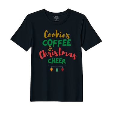 BYFT Threads Large Black Polycotton T-Shirt - Christmas "Cookies Christmas Cheer" Printed Design, Premium Holiday Collection