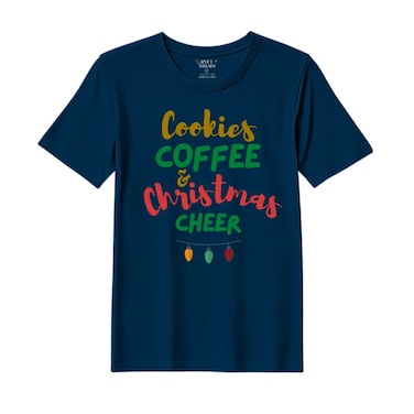BYFT Threads Large Navy Blue Polycotton T-Shirt - Christmas "Cookies Christmas Cheer" Printed Design, Premium Holiday Collection