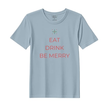 BYFT Threads Large Baby Blue Polycotton T-Shirt - Christmas "Eat Drink Be Merry" Printed Design, Premium Holiday Collection