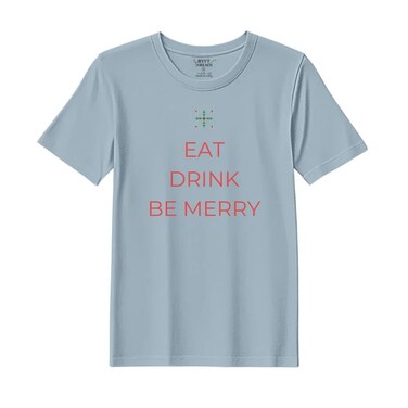BYFT Threads XL Baby Blue Polycotton T-Shirt - Christmas "Eat Drink Be Merry" Printed Design, Premium Holiday Collection