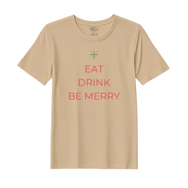 BYFT Threads Large Beige Polycotton T-Shirt - Christmas "Eat Drink Be Merry" Printed Design, Premium Holiday Collection