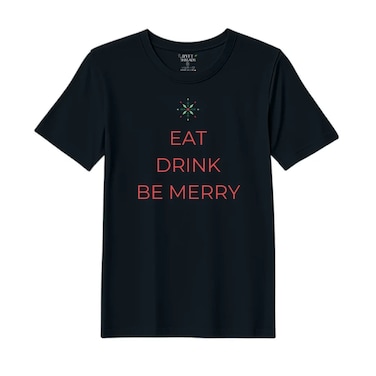 BYFT Threads XL Black Polycotton T-Shirt - Christmas "Eat Drink Be Merry" Printed Design, Premium Holiday Collection