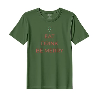 BYFT Threads Large Forest ELF Green Polycotton T-Shirt - Christmas "Eat Drink Be Merry" Printed Design, Premium Holiday Collection