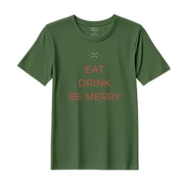 BYFT Threads XXL Forest ELF Green Polycotton T-Shirt - Christmas "Eat Drink Be Merry" Printed Design, Premium Holiday Collection