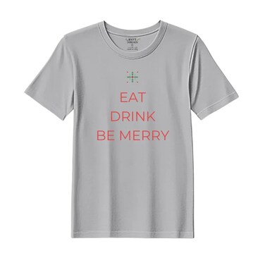 BYFT Threads XXL Grey Polycotton T-Shirt - Christmas "Eat Drink Be Merry" Printed Design, Premium Holiday Collection