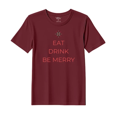 BYFT Threads Medium Pomegranate Polycotton T-Shirt - Christmas "Eat Drink Be Merry" Printed Design, Premium Holiday Collection