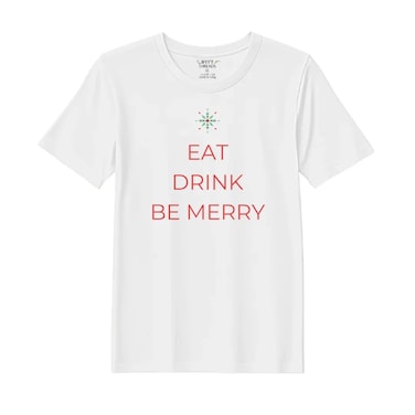BYFT Threads Large White Polycotton T-Shirt - Christmas "Eat Drink Be Merry" Printed Design, Premium Holiday Collection