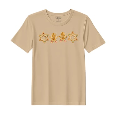 BYFT Threads Large Beige Polycotton T-Shirt - Christmas "Gingerbread Star" Printed Design, Premium Holiday Collection