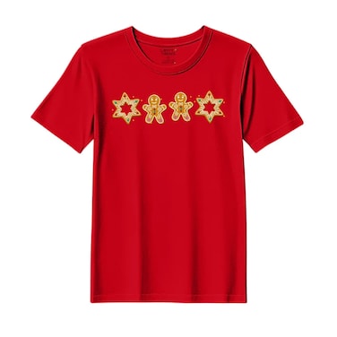 BYFT Threads Medium Red Polycotton T-Shirt - Christmas "Gingerbread Star" Printed Design, Premium Holiday Collection