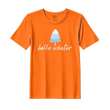 BYFT Threads Medium Orange Polycotton T-Shirt - Christmas "Hello Winter" Printed Design, Premium Holiday Collection