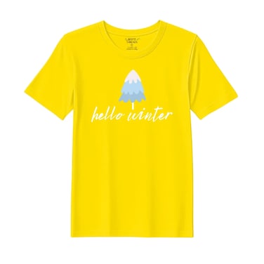 BYFT Threads Medium Yellow Polycotton T-Shirt - Christmas "Hello Winter" Printed Design, Premium Holiday Collection