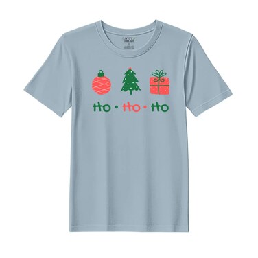 BYFT Threads Medium Baby Blue Polycotton T-Shirt - Christmas "HO HO HO" Printed Design, Premium Holiday Collection