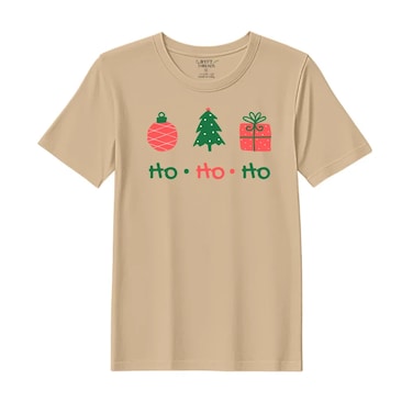 BYFT Threads Medium Beige Polycotton T-Shirt - Christmas "HO HO HO" Printed Design, Premium Holiday Collection