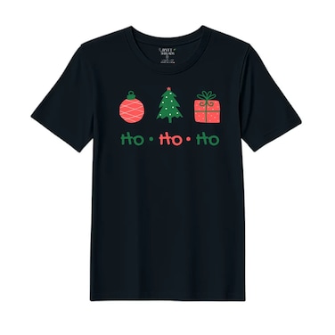 BYFT Threads Medium Black Polycotton T-Shirt - Christmas "HO HO HO" Printed Design, Premium Holiday Collection