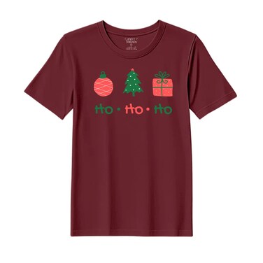 BYFT Threads Medium Pomegranate Polycotton T-Shirt - Christmas "HO HO HO" Printed Design, Premium Holiday Collection