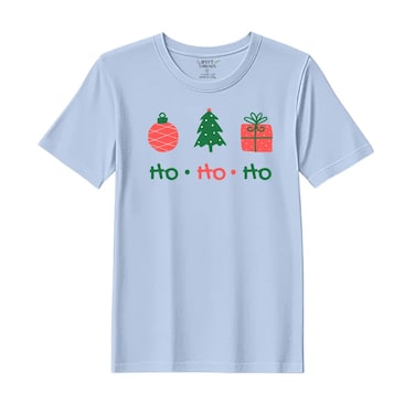BYFT Threads Medium Sky Blue Polycotton T-Shirt - Christmas "HO HO HO" Printed Design, Premium Holiday Collection