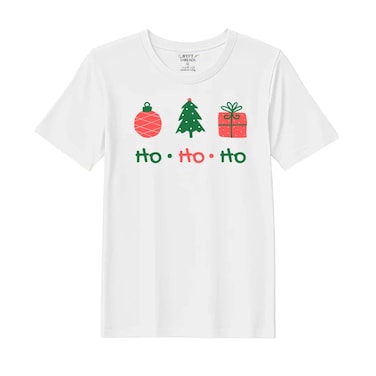 BYFT Threads Large White Polycotton T-Shirt - Christmas "HO HO HO" Printed Design, Premium Holiday Collection