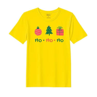BYFT Threads Large Yellow Polycotton T-Shirt - Christmas "HO HO HO" Printed Design, Premium Holiday Collection