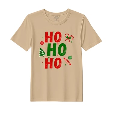 BYFT Threads XXL Beige Polycotton T-Shirt - Christmas "Ho Ho Ho toffee" Printed Design, Premium Holiday Collection