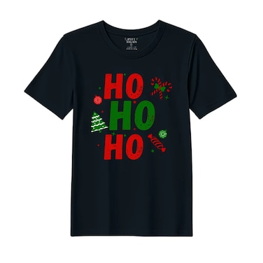 BYFT Threads Large Black Polycotton T-Shirt - Christmas "Ho Ho Ho toffee" Printed Design, Premium Holiday Collection