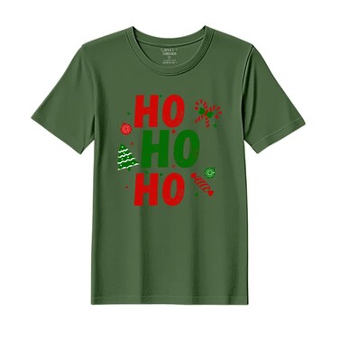 BYFT Threads Medium Forest ELF Green Polycotton T-Shirt - Christmas "Ho Ho Ho toffee" Printed Design, Premium Holiday Collection