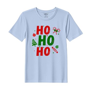 خيوط BYFT قميص بوليكتون متوسط اللون الأزرق الفاتح - تصميم عيد الميلاد "كن سعيدا" مطبوع، مجموعة العطلات الفاخرة