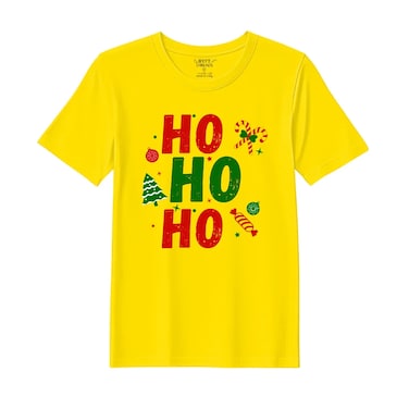 BYFT Threads XL Yellow Polycotton T-Shirt - Christmas "Ho Ho Ho toffee" Printed Design, Premium Holiday Collection