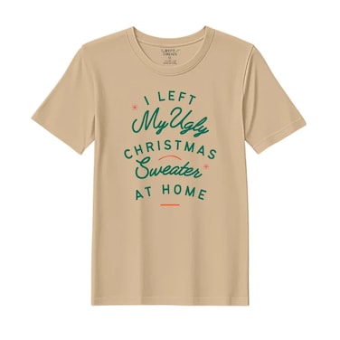 BYFT Threads Medium Beige Polycotton T-Shirt - Christmas "I left my ugly Christmas sweater at home" Printed Design, Premium Holiday Collection