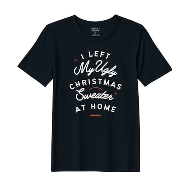 BYFT Threads Medium Black Polycotton T-Shirt - Christmas "I left my ugly Christmas sweater at home" Printed Design, Premium Holiday Collection