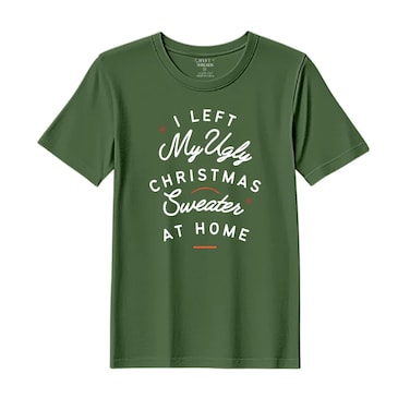 BYFT Threads Medium Forest ELF Green Polycotton T-Shirt - Christmas "I left my ugly Christmas sweater at home" Printed Design, Premium Holiday Collection