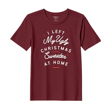 BYFT Threads Medium Pomegranate Polycotton T-Shirt - Christmas "I left my ugly Christmas sweater at home" Printed Design, Premium Holiday Collection