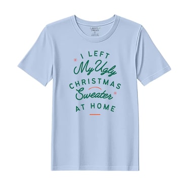 BYFT Threads Large Sky Blue Polycotton T-Shirt - Christmas "I left my ugly Christmas sweater at home" Printed Design, Premium Holiday Collection