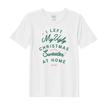 BYFT Threads Medium White Polycotton T-Shirt - Christmas "I left my ugly Christmas sweater at home" Printed Design, Premium Holiday Collection