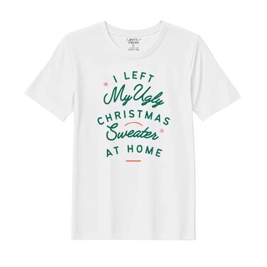 BYFT Threads XXL White Polycotton T-Shirt - Christmas "I left my ugly Christmas sweater at home" Printed Design, Premium Holiday Collection