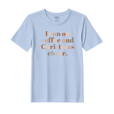 BYFT Threads Medium Sky Blue Polycotton T-Shirt - Christmas "I run of Coffee and Christmas Cheer" Printed Design, Premium Holiday Collection