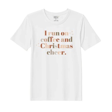 BYFT Threads Medium White Polycotton T-Shirt - Christmas "I run of Coffee and Christmas Cheer" Printed Design, Premium Holiday Collection