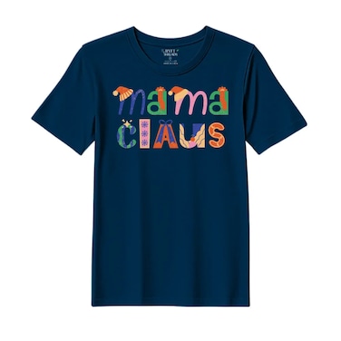 BYFT Threads Medium Navy Blue Polycotton T-Shirt - Christmas "Mama Claus" Printed Design, Premium Holiday Collection