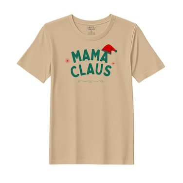 BYFT Threads XL Beige Polycotton T-Shirt - Christmas "Mama Claus Hat" Printed Design, Premium Holiday Collection