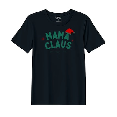 BYFT Threads Medium Black Polycotton T-Shirt - Christmas "Mama Claus Hat" Printed Design, Premium Holiday Collection