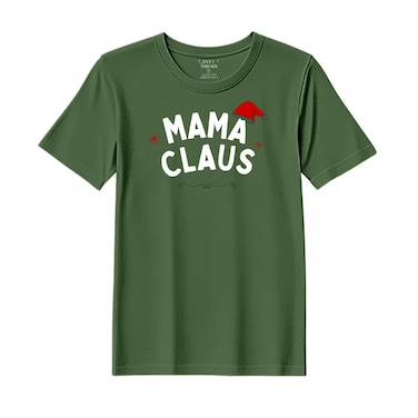 BYFT Threads Medium Forest ELF Green Polycotton T-Shirt - Christmas "Mama Claus Hat" Printed Design, Premium Holiday Collection