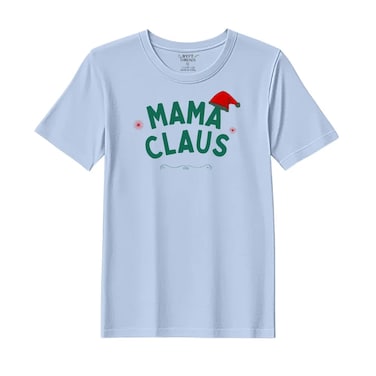 BYFT Threads XL Sky Blue Polycotton T-Shirt - Christmas "Mama Claus Hat" Printed Design, Premium Holiday Collection