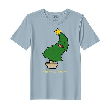 BYFT Threads Large Baby Blue Polycotton T-Shirt - Christmas "Merry &amp; Bright" Printed Design, Premium Holiday Collection