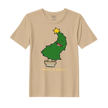 BYFT Threads XXL Beige Polycotton T-Shirt - Christmas "Merry &amp; Bright" Printed Design, Premium Holiday Collection