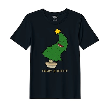 BYFT Threads XL Black Polycotton T-Shirt - Christmas "Merry &amp; Bright" Printed Design, Premium Holiday Collection